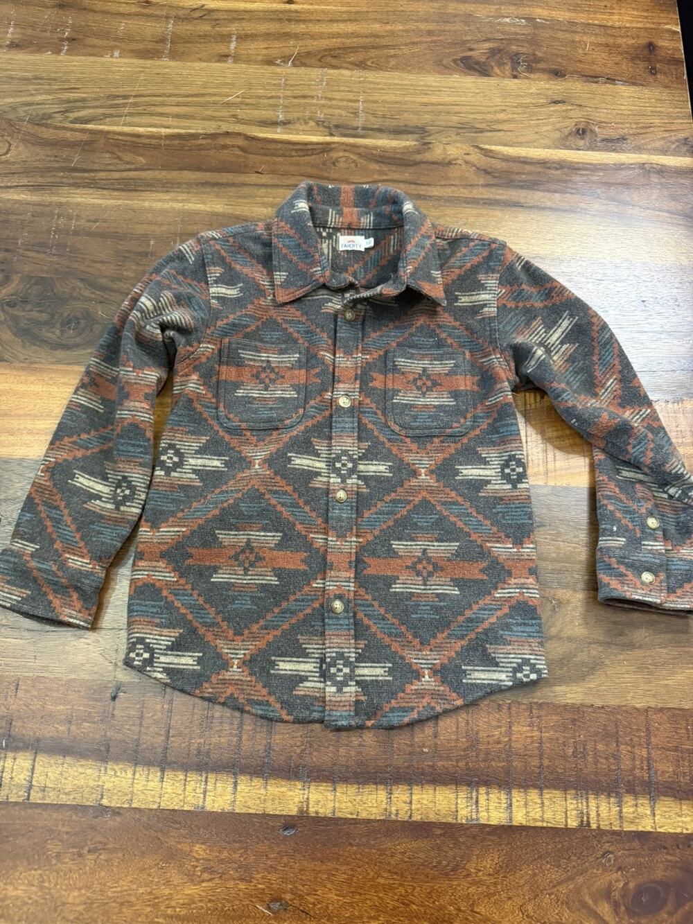 Faherty Good Feather Shirt Boys 8 Brown Geometric Button Southwestern Outdoor